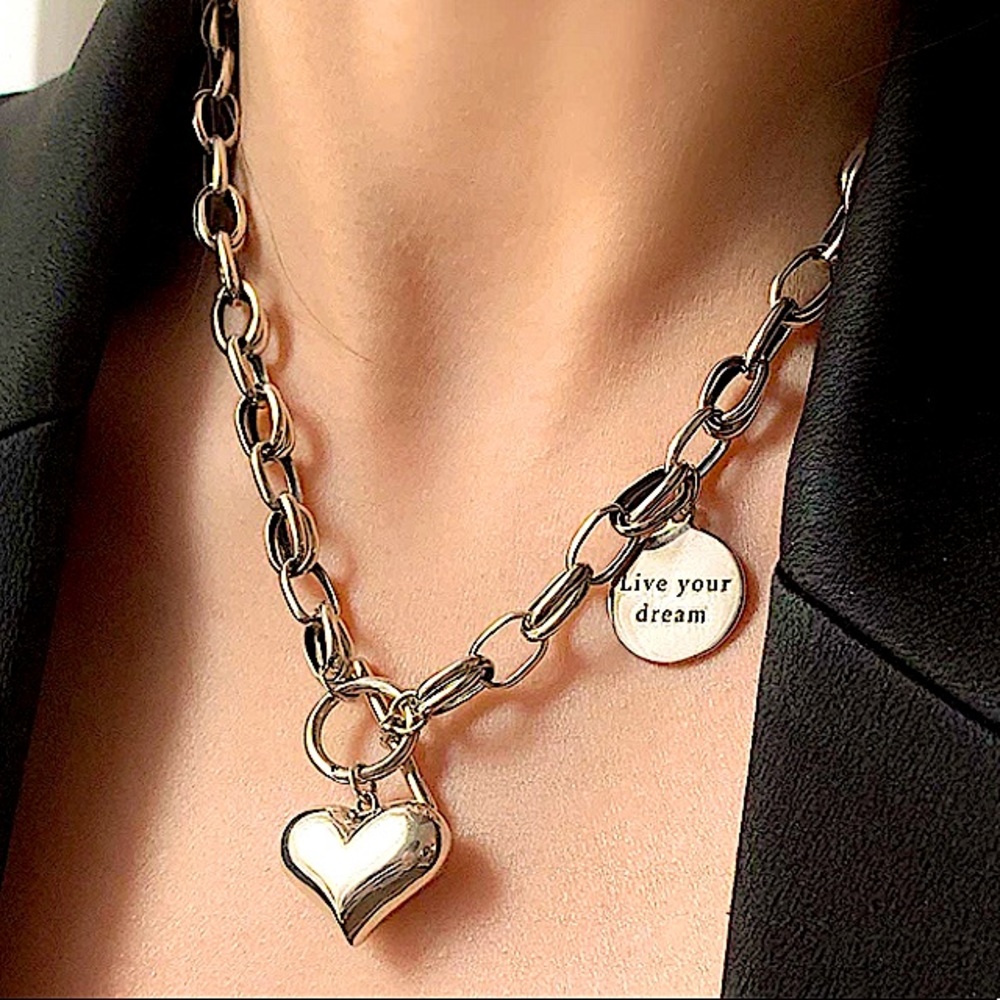 Sterling Silver Heart Chain Link Charm Pendant Toggle Necklace - Picture 3 of 9